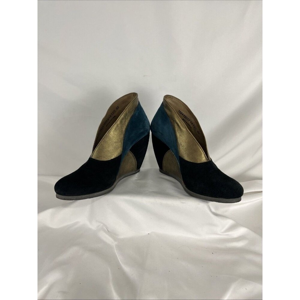 Fly London Teal, Black & Metallic Gold Suede Wedge Booties - Picture 9 of 11